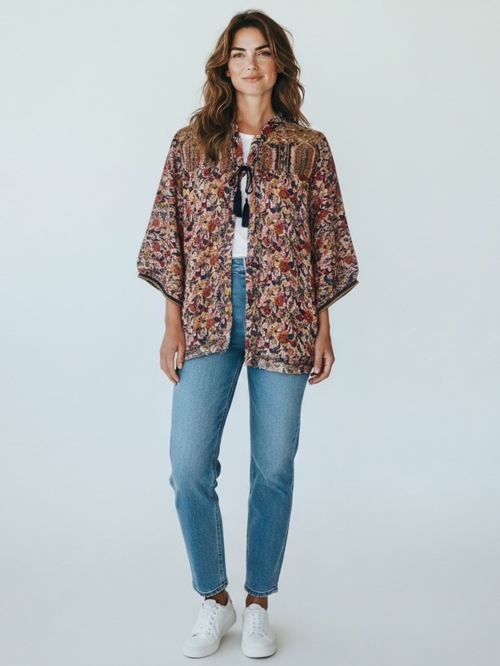 gimmicks by BKE Buckle Pink Floral Crochet-Trim Open Bohemian Kimono